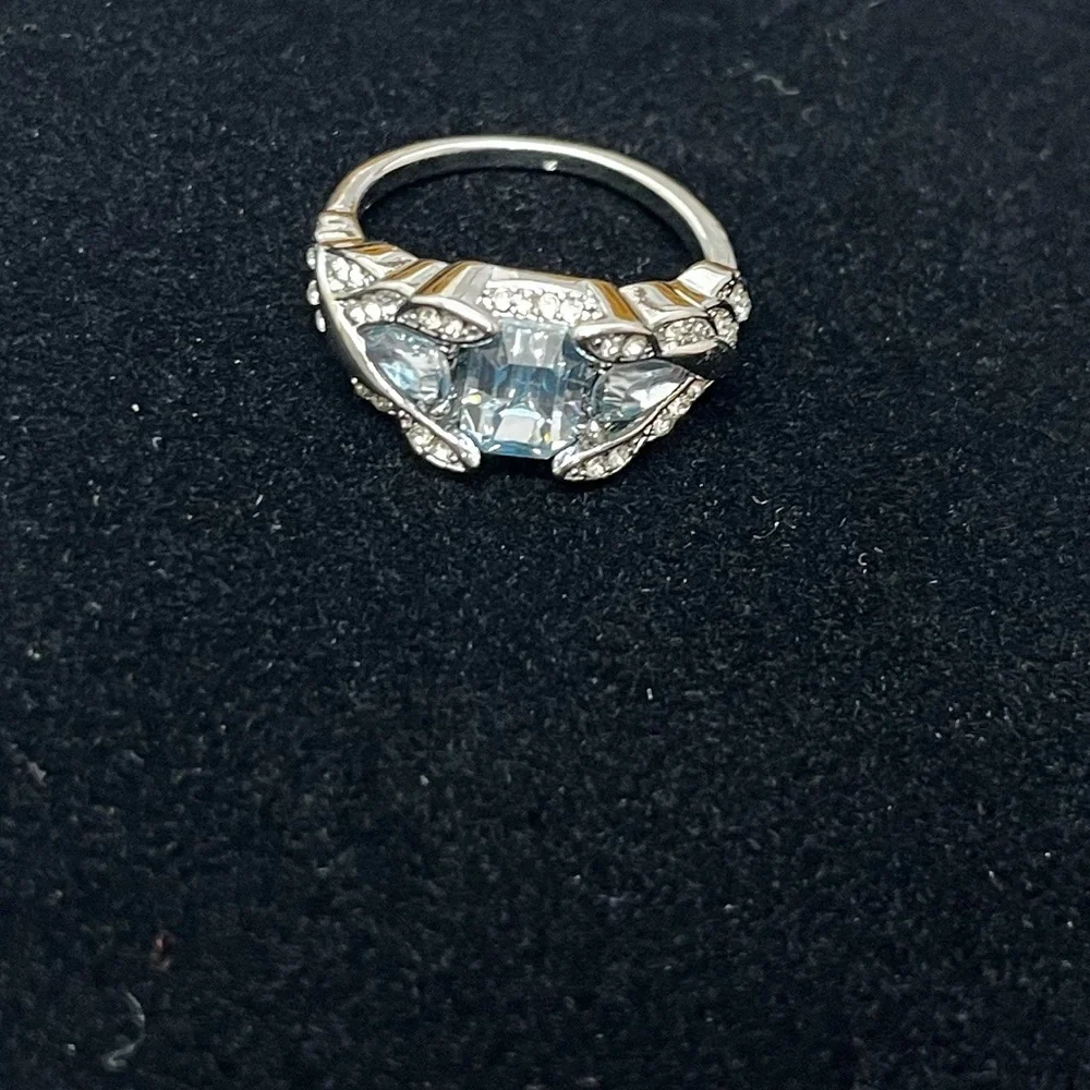 Silver Tone Ring with Blue Gemstones